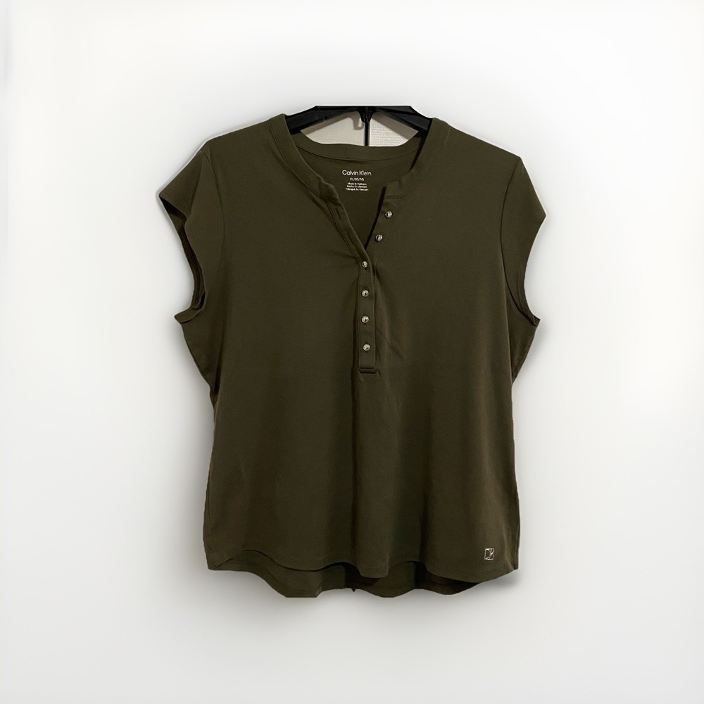 Calvin Klein Cap Sleeve Henley Women's Top Size XL Olive Green V Neck